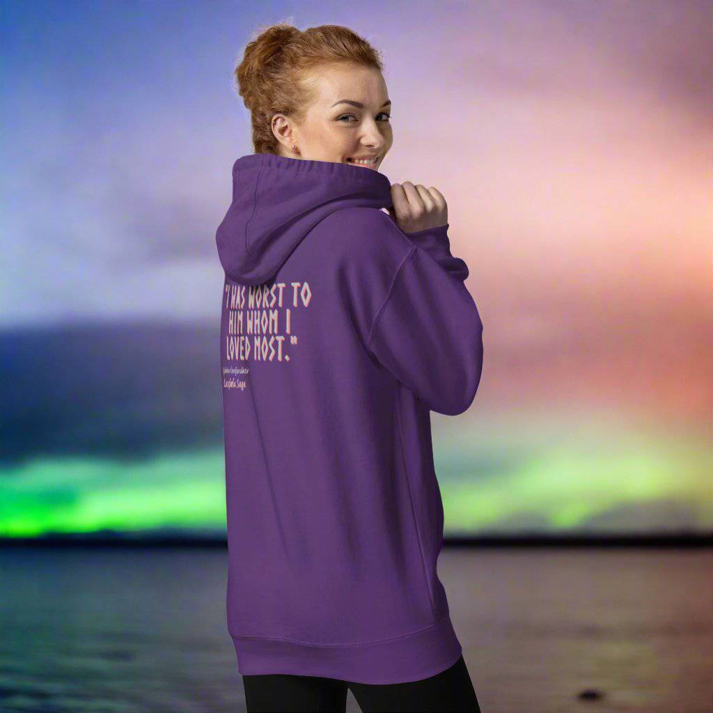 Purple Reflection Hoodie with timeless Icelandic saga-inspired quote on the back.