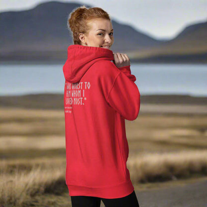 Reflection Hoodie in red, minimalist design with an iconic Icelandic quote on the back.