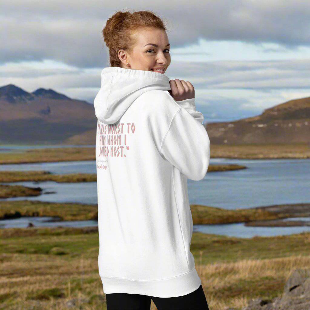 Reflection Hoodie in white featuring Guðrún Ósvífursdóttir’s quote on the back, inspired by Icelandic sagas.