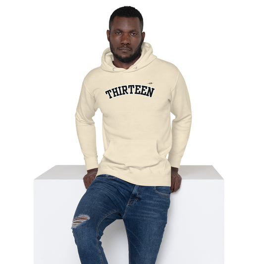 Man wearing thirteen premium hoodie bone front