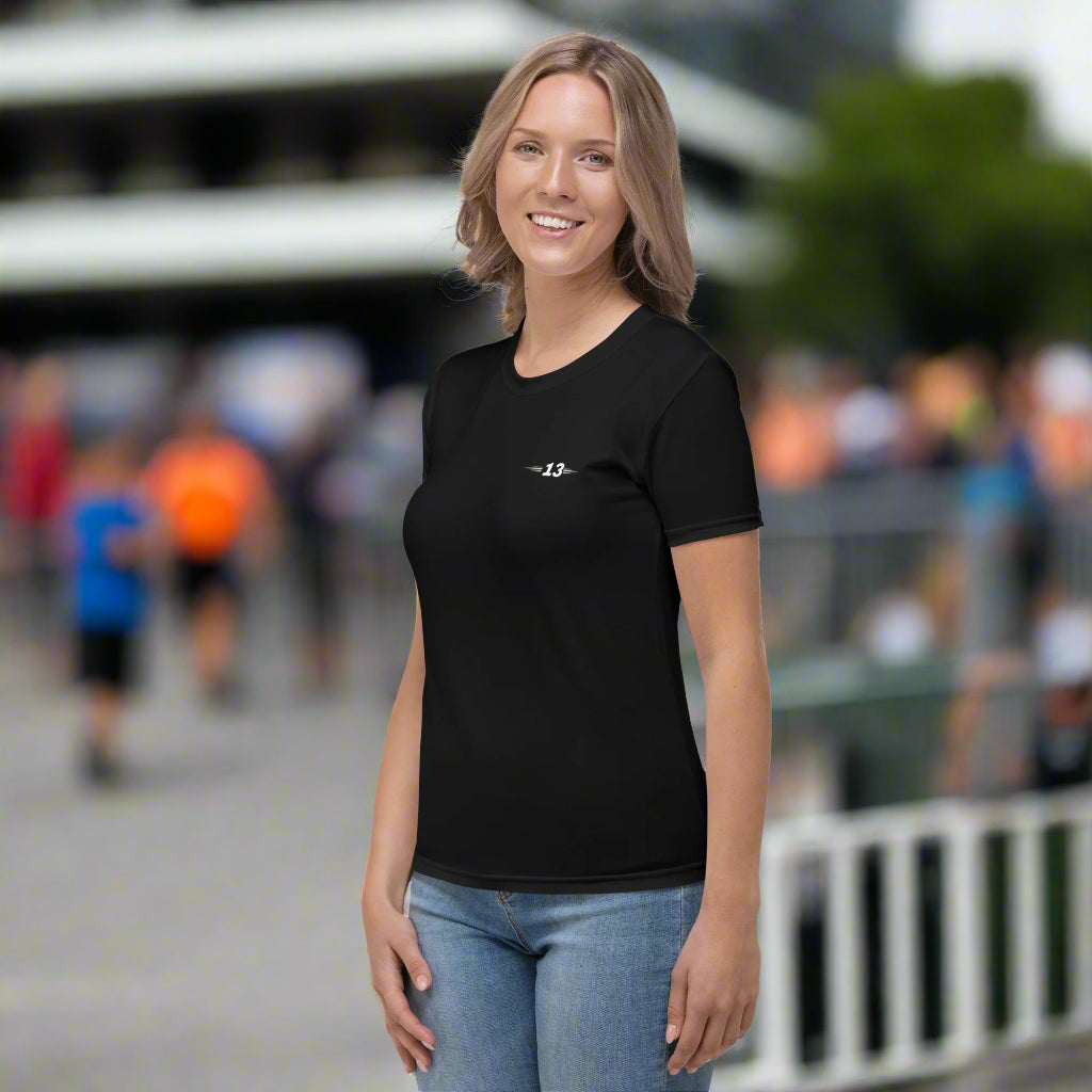 woman wearing Timeless Black Tee left view