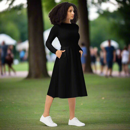 Side profile of Black Midi Dress with a flattering silhouette.