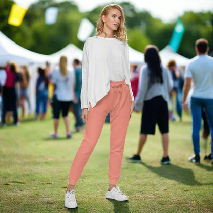 Dusty rose fleece sweatpants featuring ribbed cuffs and side pockets.