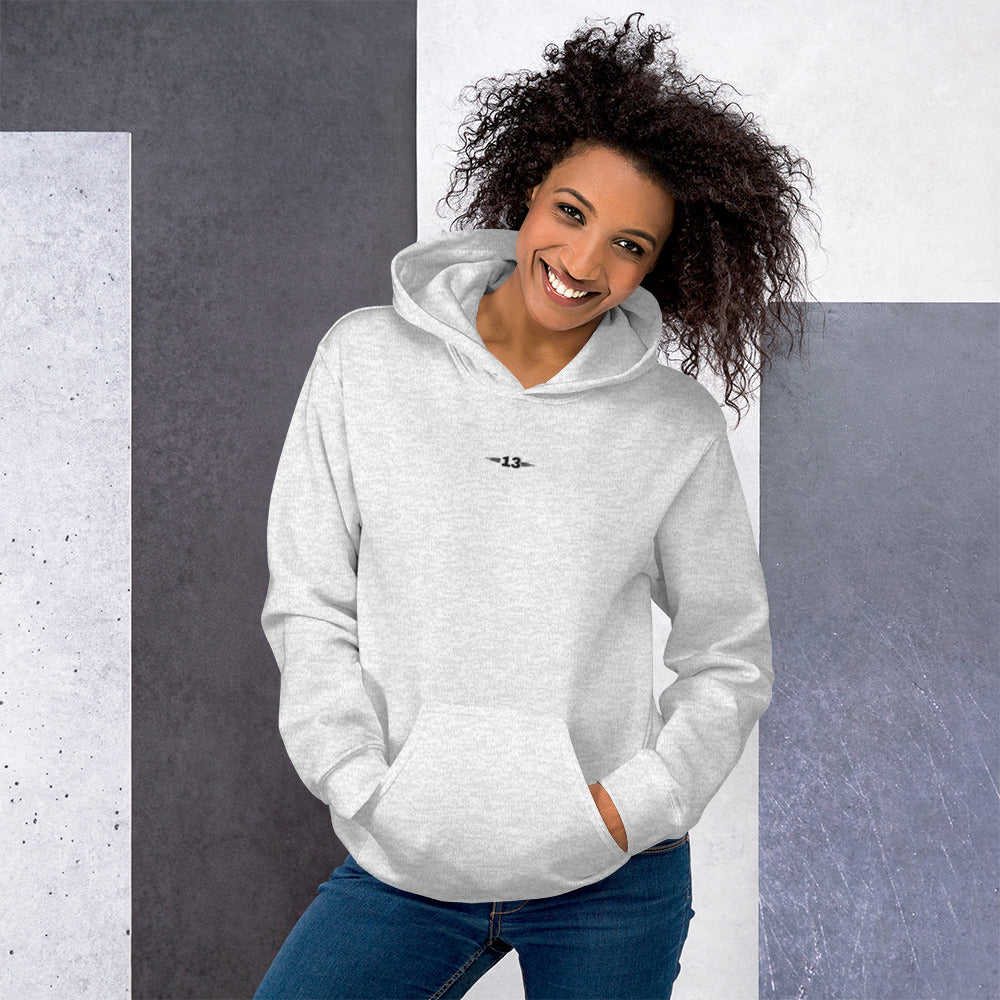 Front view of the Thirteen Classic Unisex Hoodie in ash gray with minimalist design.