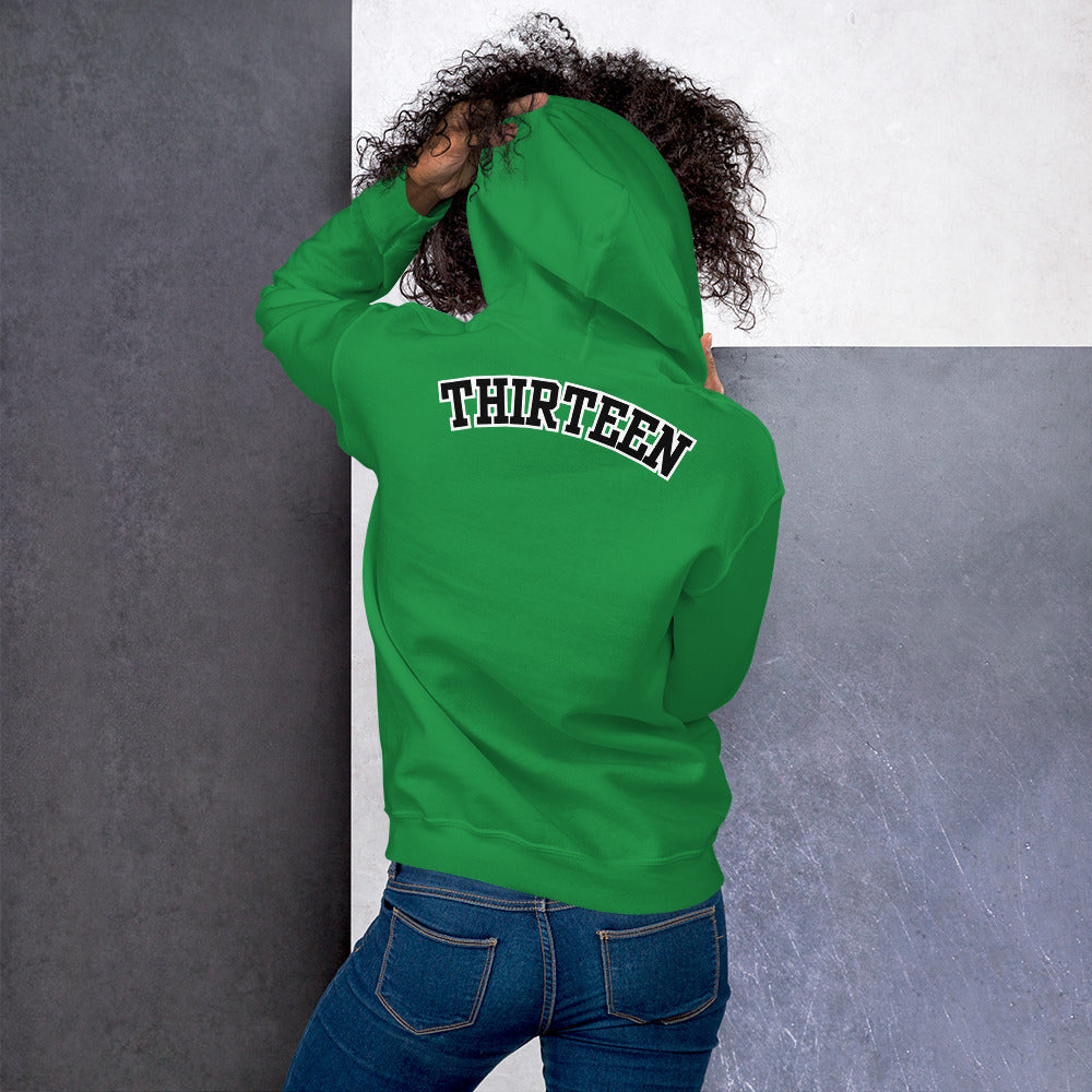 Back view of the Thirteen Classic Unisex Hoodie in Irish green featuring bold "Thirteen" text.