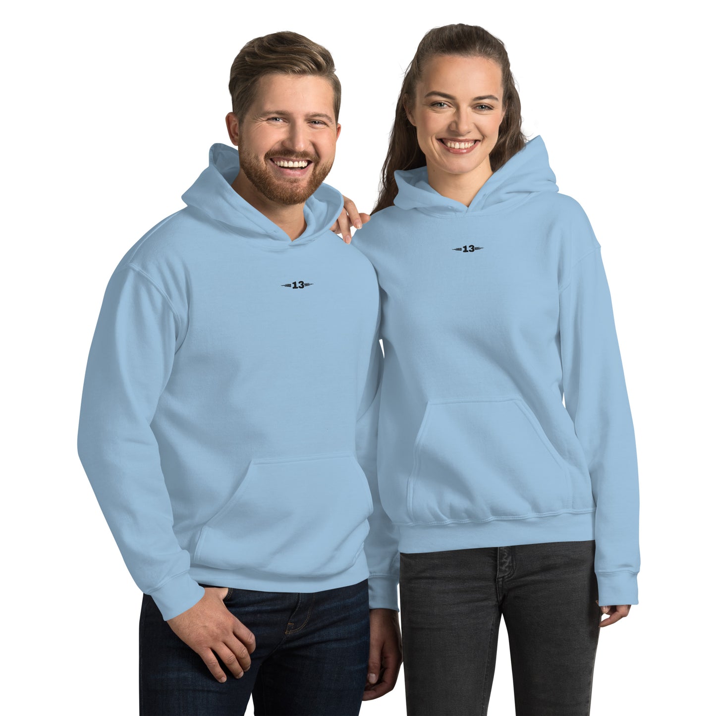 Front view of the Thirteen Classic Unisex Hoodie in light blue with minimalist branding.