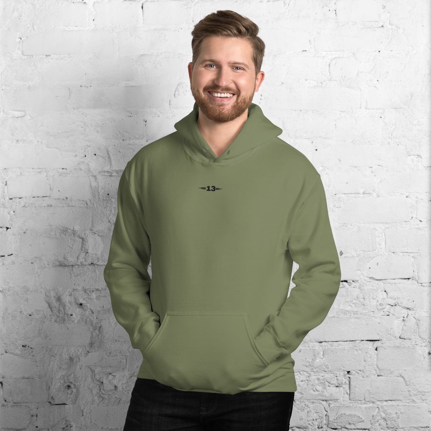 Front view of the Thirteen Classic Unisex Hoodie in military green with minimalist design.