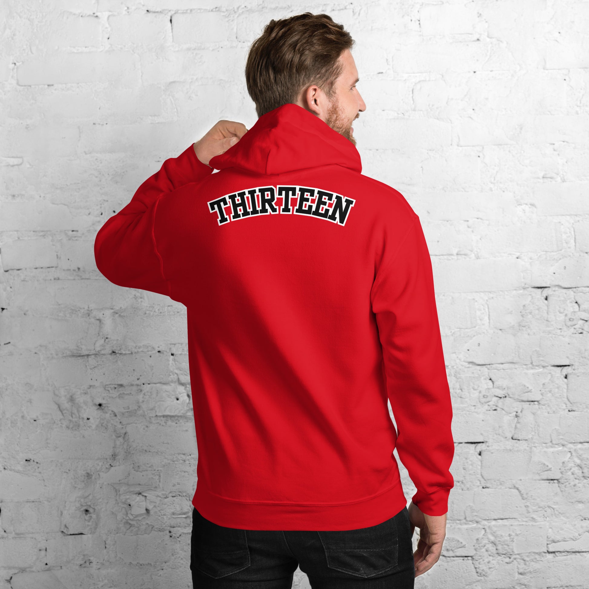 Back view of the Thirteen Classic Unisex Hoodie in red with bold "Thirteen" text.