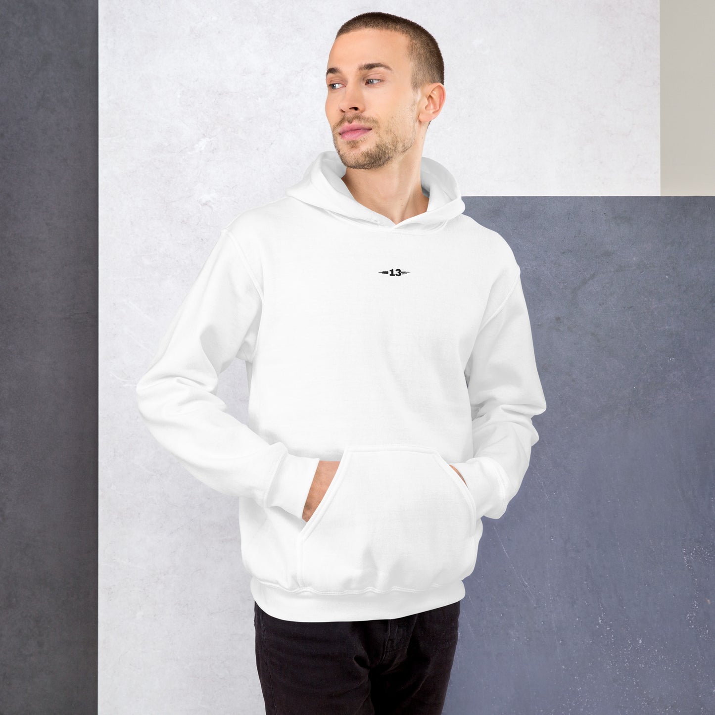 Front view of the Thirteen Classic Unisex Hoodie in white with minimalist design.