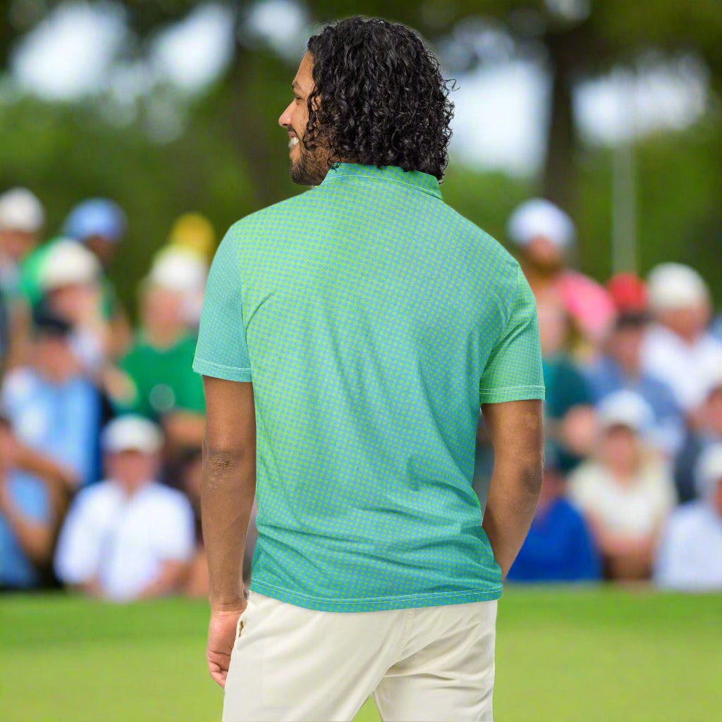 Back view of a man wearing Verdant Mosaic Slim Fit polo