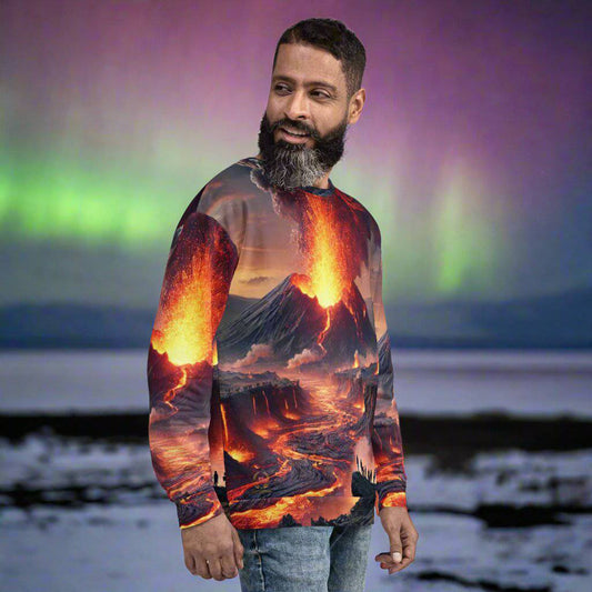 Side angle of Volcanic Blaze Sweatshirt showcasing glowing lava flows and realistic volcanic details.